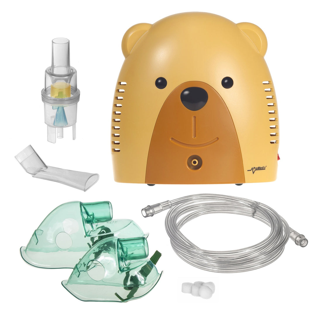 Inalador para bebé Promedix PR-811 Teddy Bear, conjunto nebulizador, máscaras e filtros (versão Reino Unido)