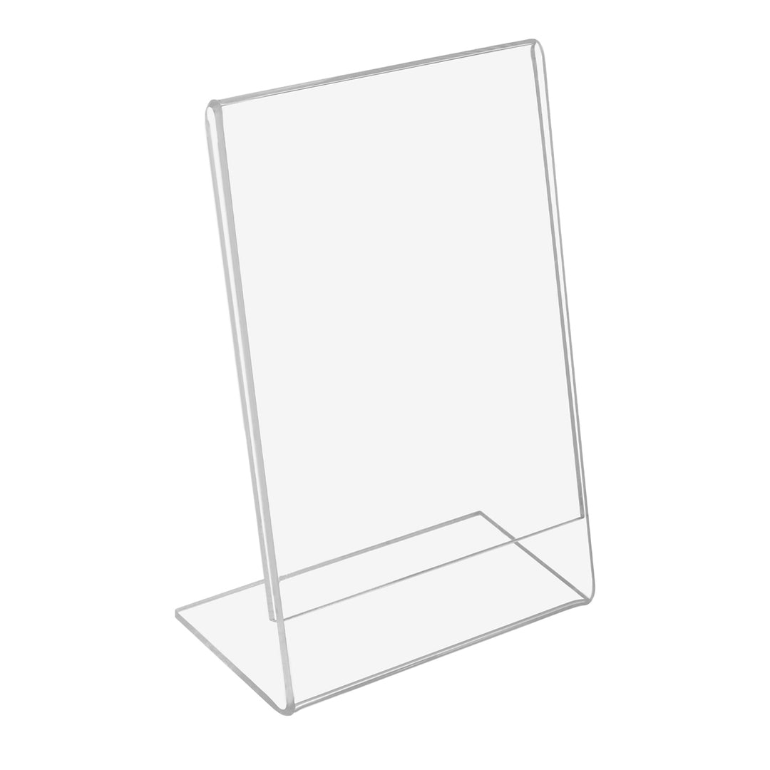 Soporte A7 para descripción, folleto, menú, tipo L, vertical, transparente