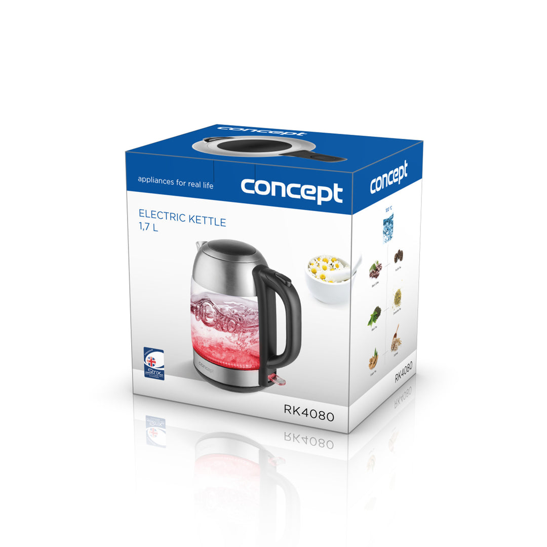 Chaleira elétrica em vidro Concept RK4080 1,7L, aço inoxidável