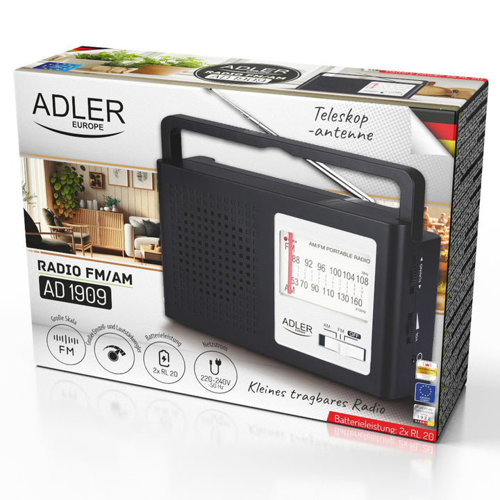 Rádio portátil Adler AD 1909, AM e FM, antena, alimentação elétrica e bateria