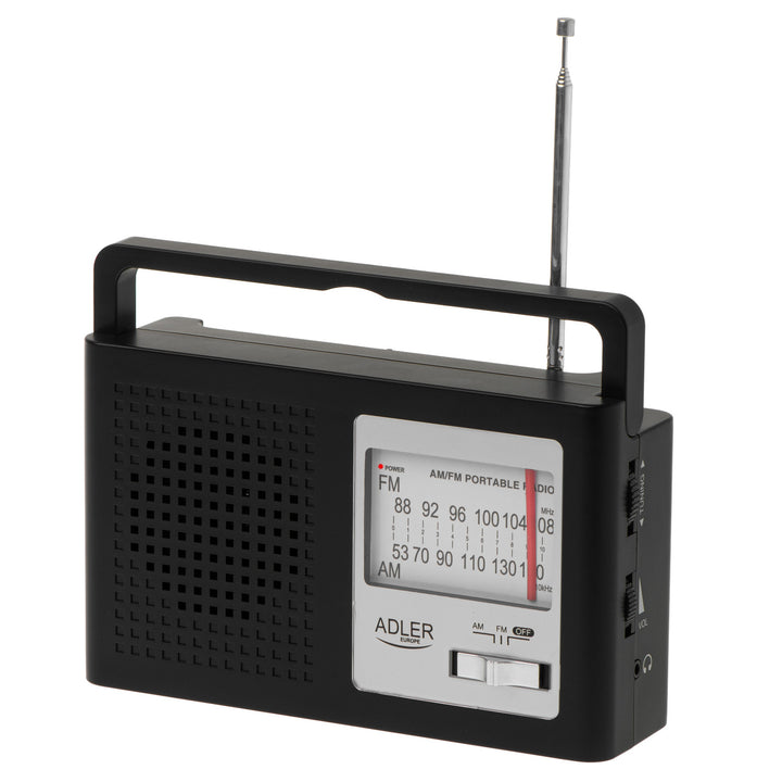 Rádio portátil Adler AD 1909, AM e FM, antena, alimentação elétrica e bateria