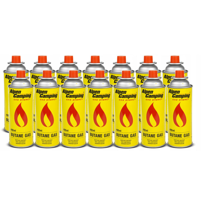 14 cartuchos de gás Alpen Camping de 400 ml. Certificado: PI 0875, em conformidade com a norma EN417, isobutano, intervalo de funcionamento de -10°C a +40°C, IK004