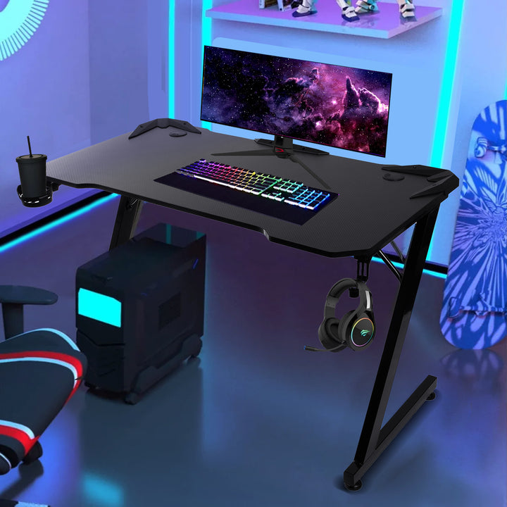 NanoRS RS345 Escritorio de juego negro grande, 150kg max, altura 750mm, 110x60x1.5cm, portavasos y auriculares