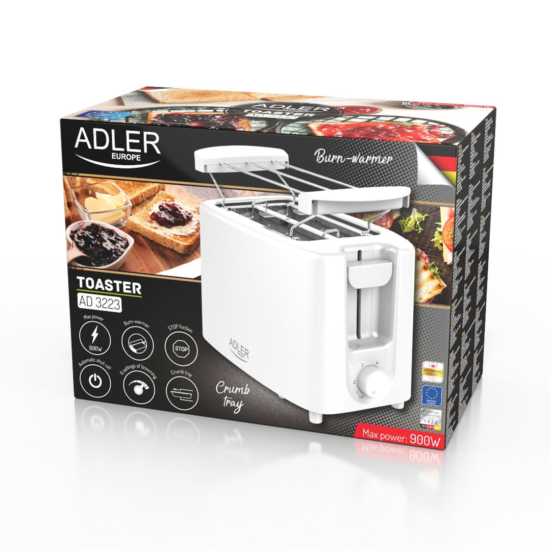 Torradeira Adler, controlo de 6 níveis, grelha para pão, 900 W, branca, AD 3223