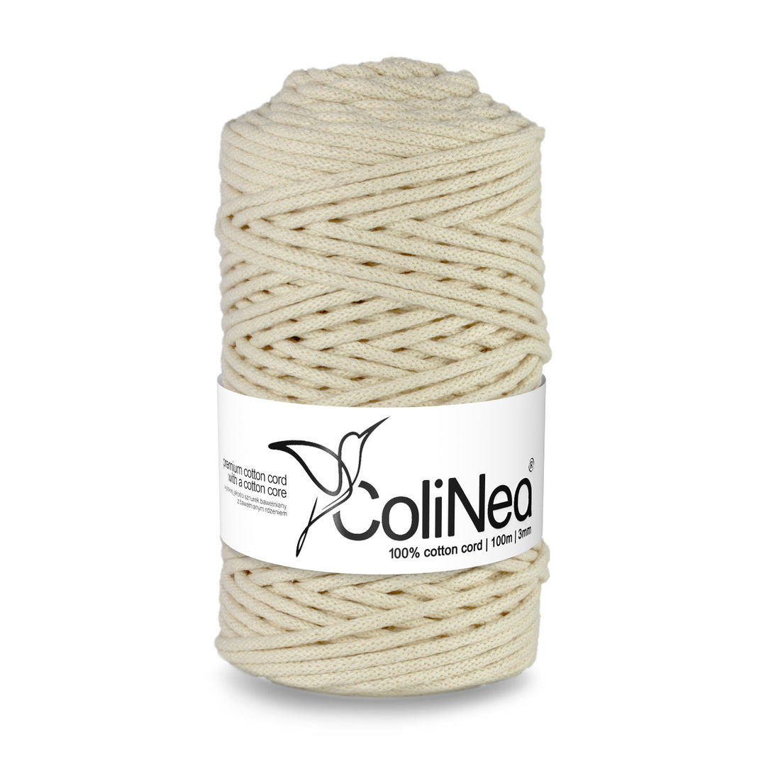 ColiNea Cordón de algodón con núcleo de algodón, Trenzado, 3 mm, 100 m, Color marfil
