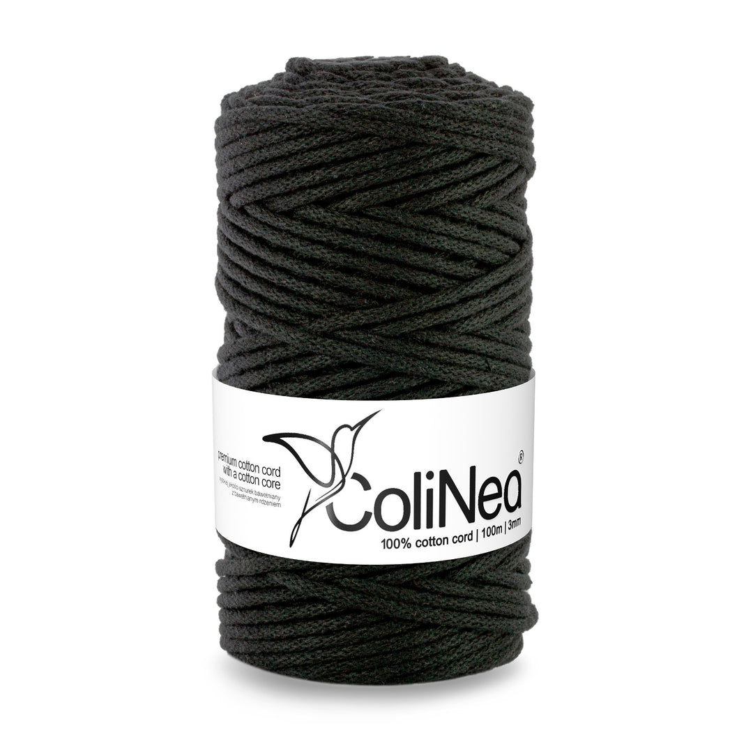 ColiNea Cordón de algodón con núcleo de algodón, Trenzado, 3 mm, 100 m, Color negro