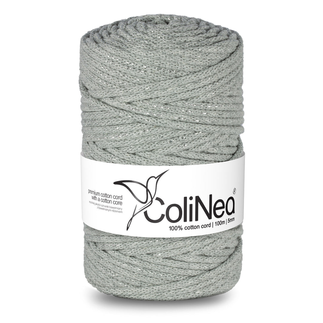 ColiNea Cordón de algodón con alma de algodón, Trenzado, 5 mm, 100 m, Color gris con hilo plateado