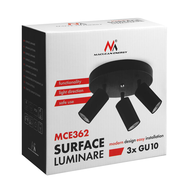 Maclean MCE362 B Lámpara de techo 3x GU10 Máx. 40W | Móvil, aluminio | Foco moderno para salón, oficina, cocina, con puntos de luz orientables, Color negro mate