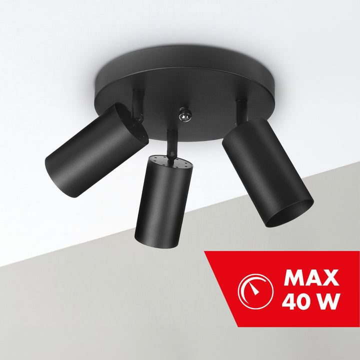 Maclean MCE362 B Lámpara de techo 3x GU10 Máx. 40W | Móvil, aluminio | Foco moderno para salón, oficina, cocina, con puntos de luz orientables, Color negro mate