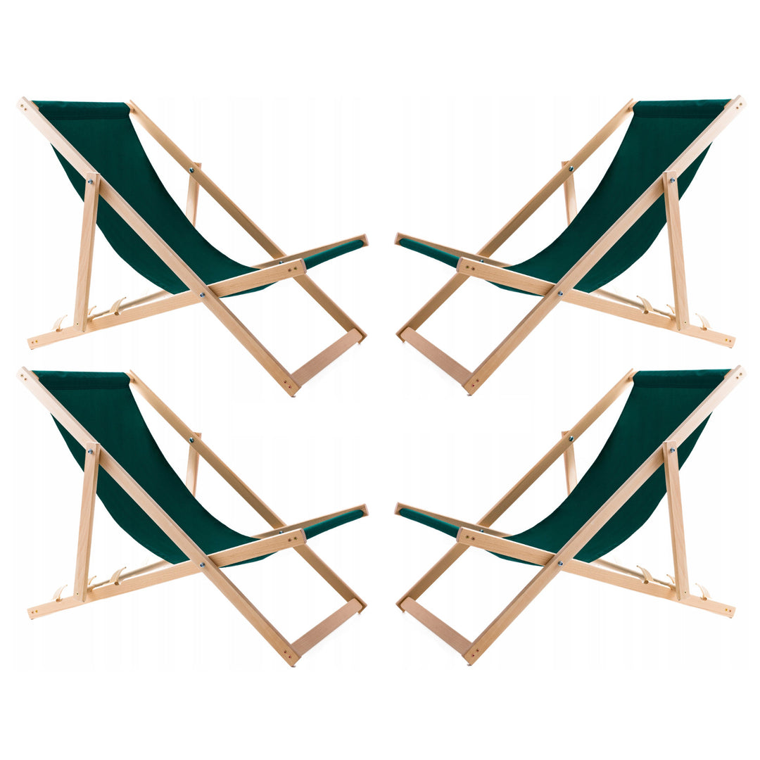 Conjunto de 4 espreguiçadeiras de madeira Woodok, cor verde, redes confortáveis, ideais para praia, varanda, terraço