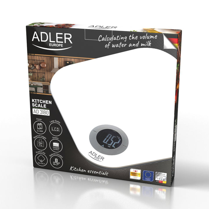 Balança de cozinha digital Adler AD 3180 com visor LCD, balança em vidro temperado, até 10 kg