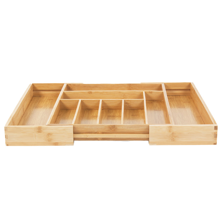 GreenBlue GB379 Juego de 2 Organizadores de Bambú para Cubiertos, Bandeja Extensible, 7 Compartimientos Básicos y 2 Extraibles para Utansilios de Cocina, Organización de Cajón de Cubertería, Dim.: 32,5-50x43x45cm, 2 unidades