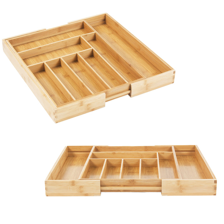 GreenBlue GB379 Juego de 2 Organizadores de Bambú para Cubiertos, Bandeja Extensible, 7 Compartimientos Básicos y 2 Extraibles para Utansilios de Cocina, Organización de Cajón de Cubertería, Dim.: 32,5-50x43x45cm, 2 unidades