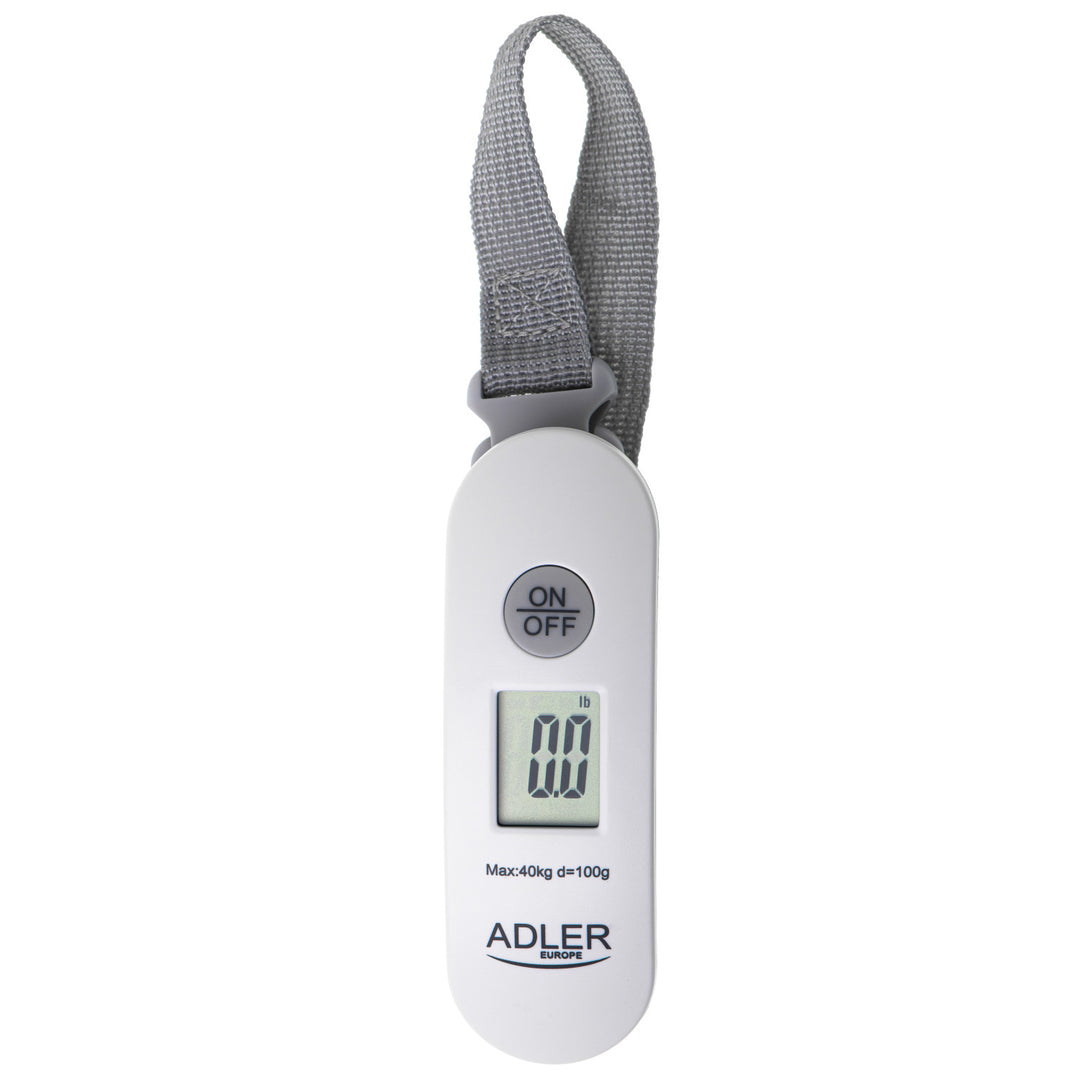 Balança de bagagem Adler AD 8189, até 40 kg, visor LCD, função de tara e estabilização, branca e cinzenta