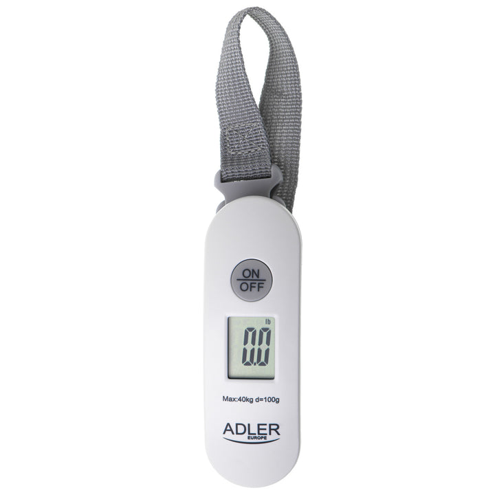 Balança de bagagem Adler AD 8189, até 40 kg, visor LCD, função de tara e estabilização, branca e cinzenta