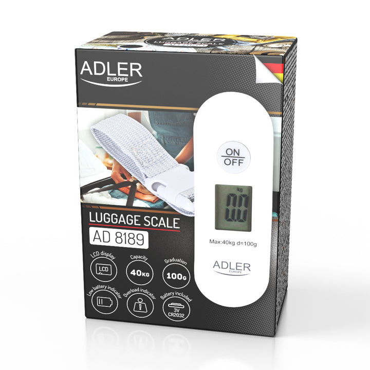 Balança de bagagem Adler AD 8189, até 40 kg, visor LCD, função de tara e estabilização, branca e cinzenta