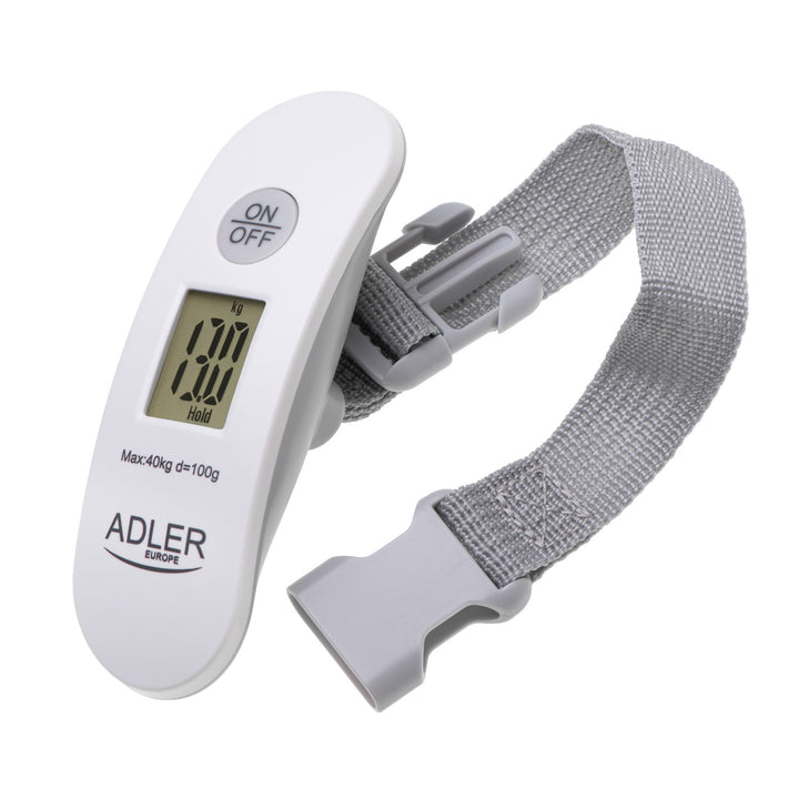 Balança de bagagem Adler AD 8189, até 40 kg, visor LCD, função de tara e estabilização, branca e cinzenta