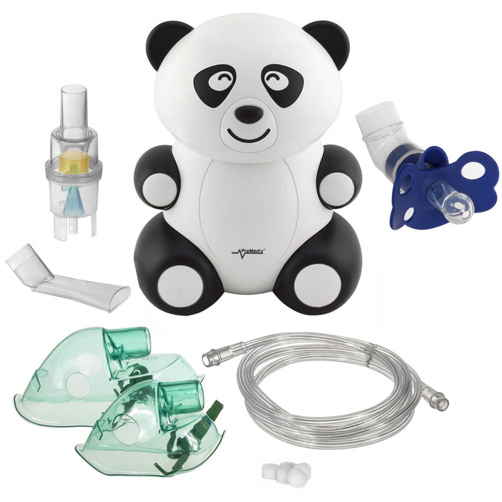 Inalador, nebulizador, máscara e filtro infantil Promedix PR-812 Panda + conjunto de chupetas Promedix PR-815