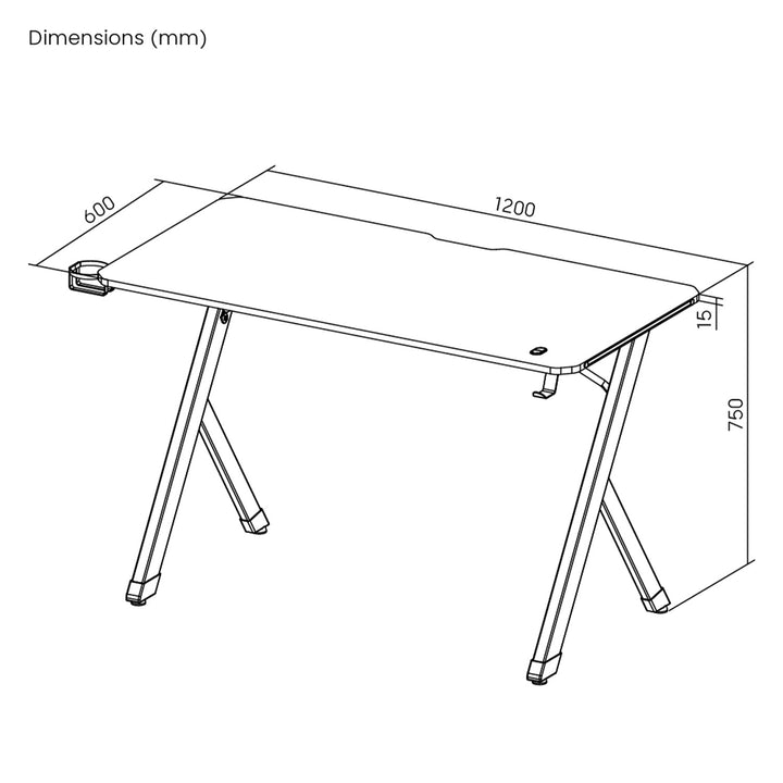 Escritorio para juegos NanoRS, negro, con soporte para auriculares y tazas, retroiluminación RGB, max. 75kg, dimensiones 1200x600x750mm, RS102