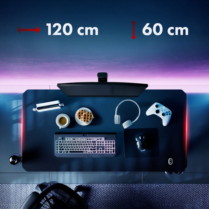 Escritorio para juegos NanoRS, negro, con soporte para auriculares y tazas, retroiluminación RGB, max. 75kg, dimensiones 1200x600x750mm, RS102