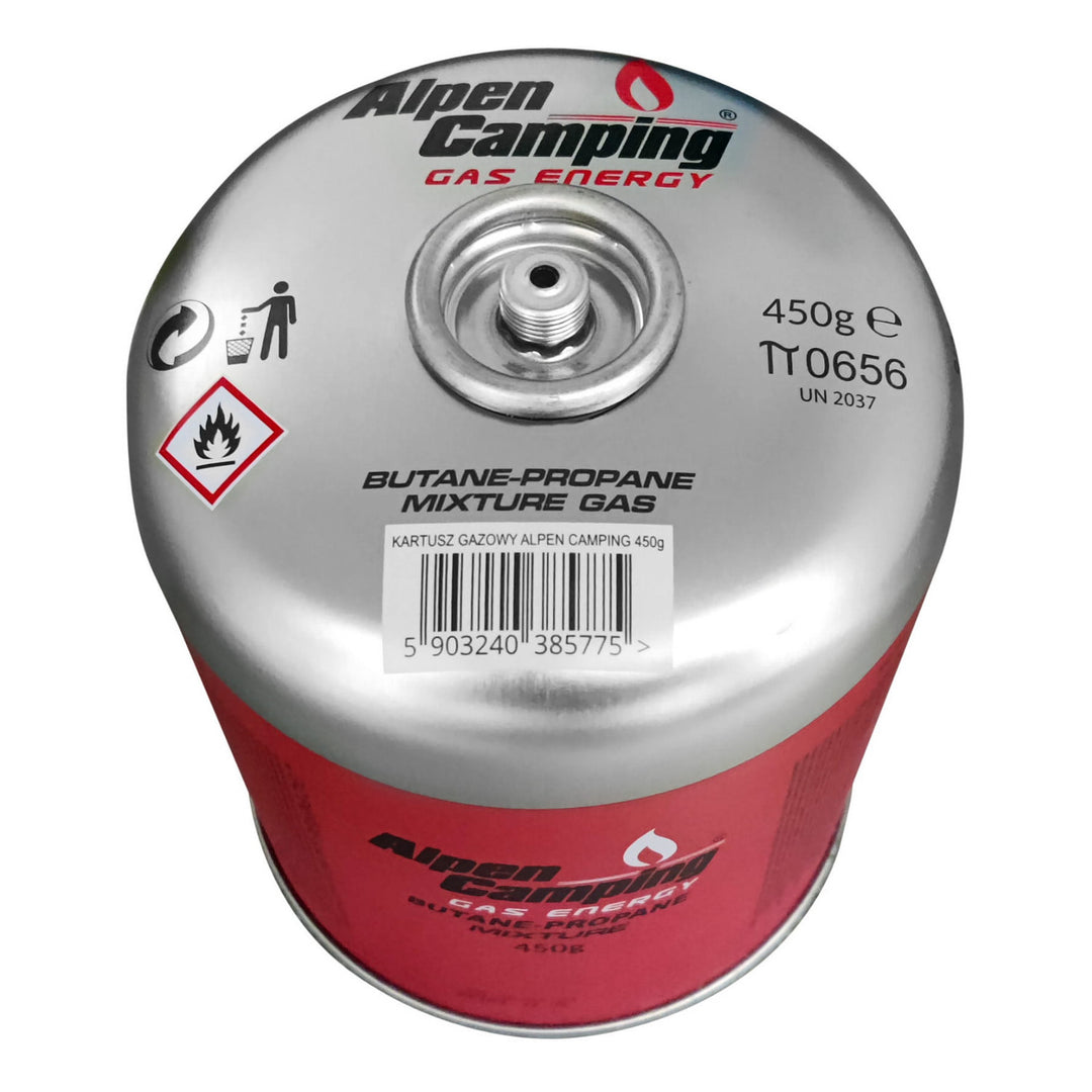 Cartucho de gás Alpen Camping de 450 g. Certificado: PI 0437, em conformidade com a norma EN417, propano-butano, temperatura de funcionamento de -10 °C a +40 °C, válvula roscada IK020 de 7/16 pol.