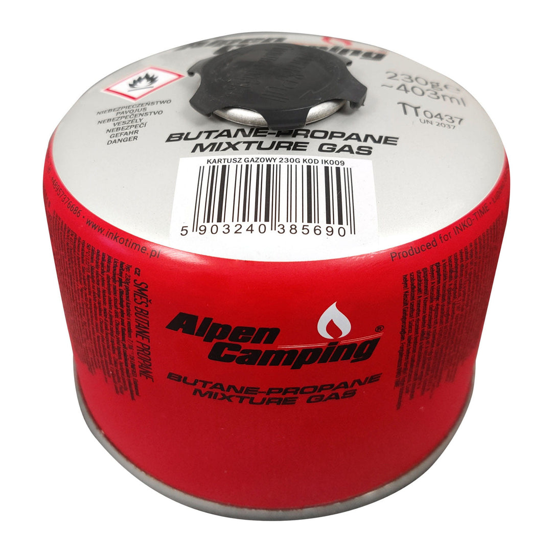 Alpen Camping Cartucho de gas 230g Certificado: Pi 0656, cumple con EN417, propano-butano, rango -10°C a + 40°C, válvula roscada 7/16" IK009