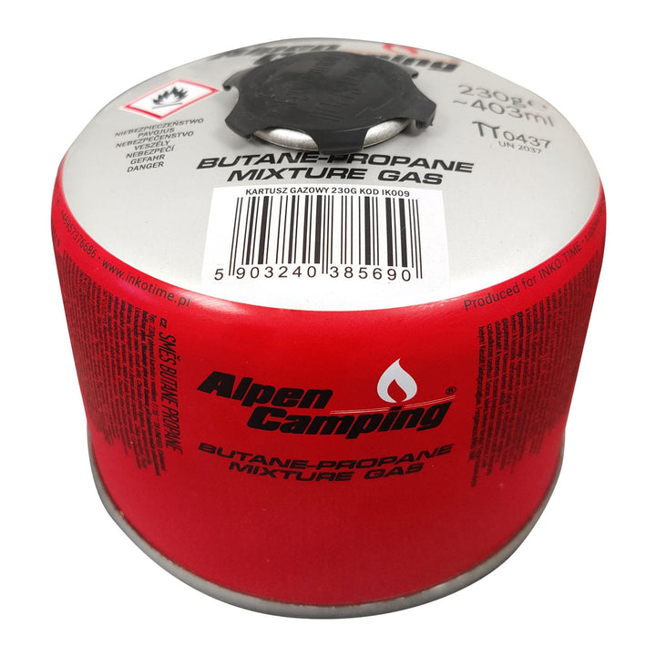 Alpen Camping Cartucho de gas 230g Certificado: Pi 0656, cumple con EN417, propano-butano, rango -10°C a + 40°C, válvula roscada 7/16" IK009