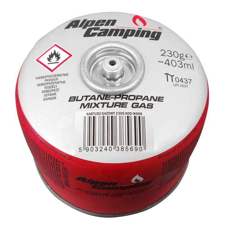 Alpen Camping Cartucho de gas 230g Certificado: Pi 0656, cumple con EN417, propano-butano, rango -10°C a + 40°C, válvula roscada 7/16" IK009