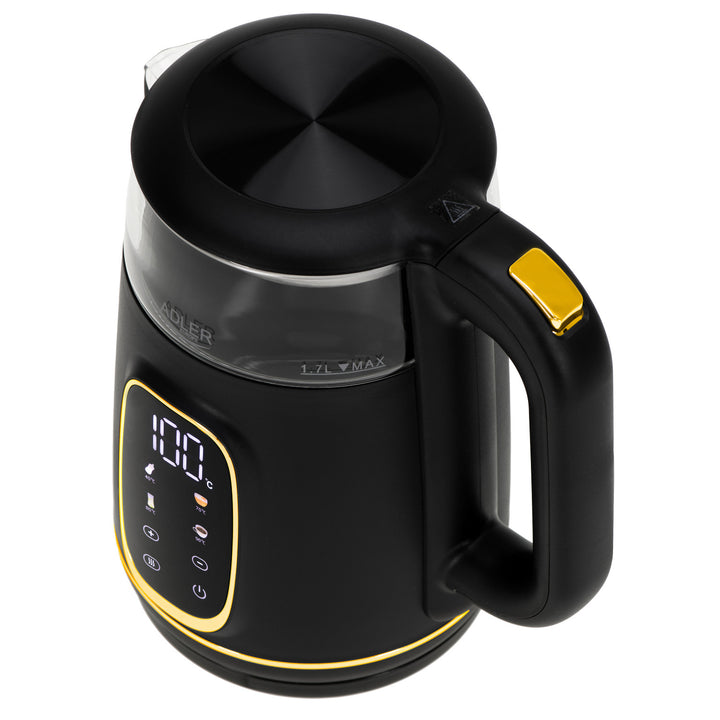 Adler AD 1305 bg Hervidor de vidrio eléctrico 1,7L, Negro y dorado, Control de temperatura, Pantalla LED