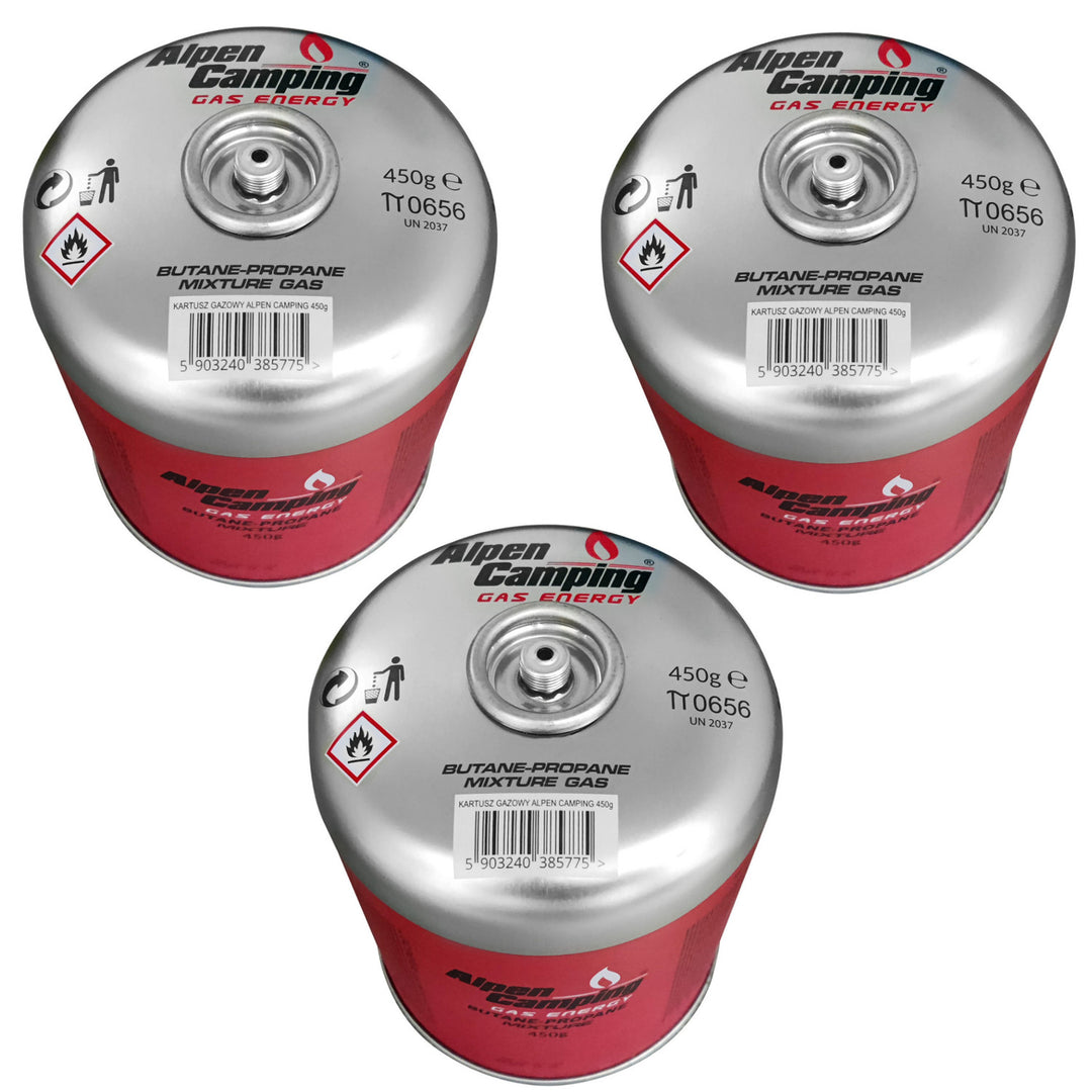 Cartucho de gás Alpen Camping de 450 g. Certificado: PI 0437, em conformidade com a norma EN417, propano-butano, temperatura de funcionamento de -10 °C a +40 °C, válvula roscada IK020 de 7/16 pol., 3 unid.