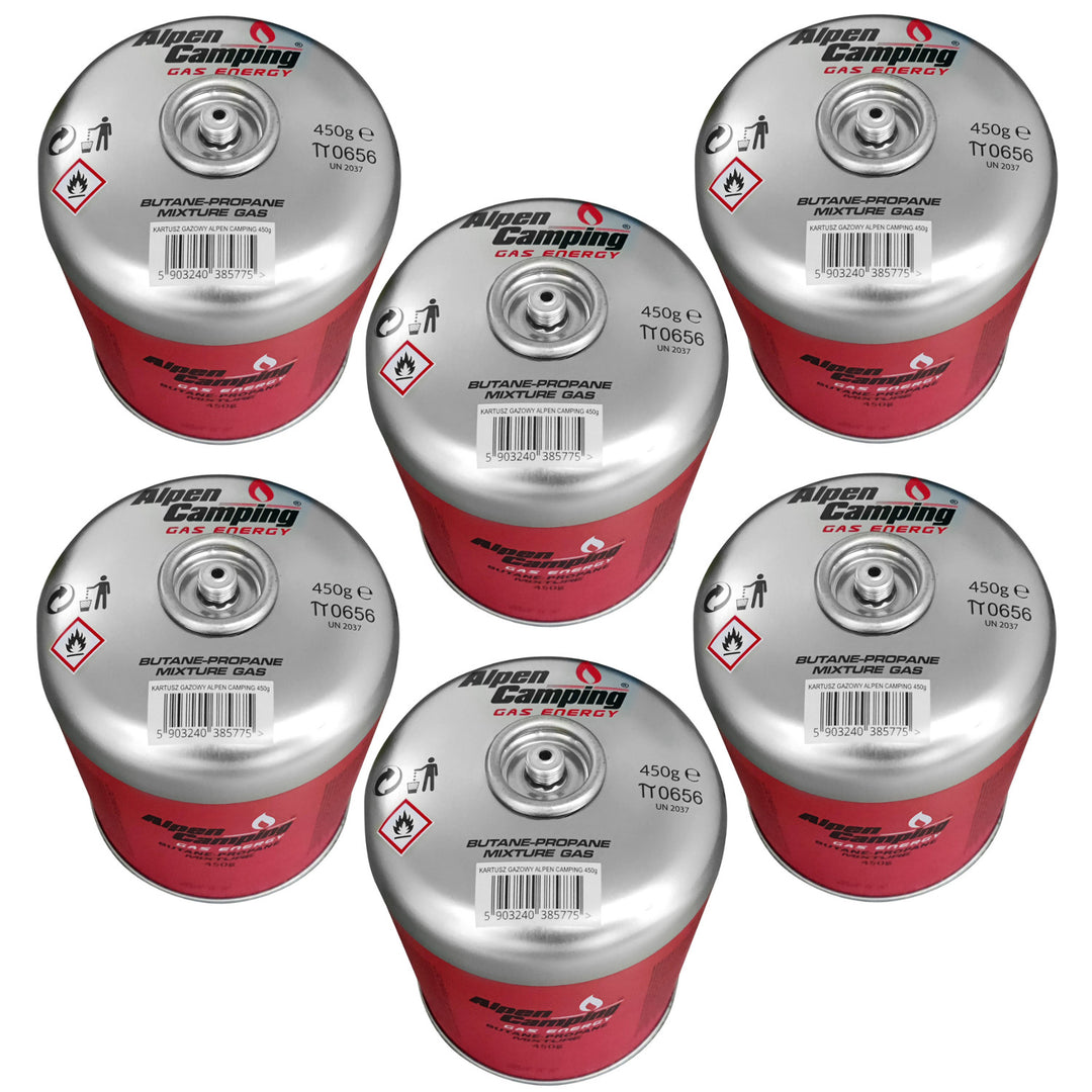 Cartucho de gás Alpen Camping de 450 g. Certificado: PI 0437, em conformidade com a norma EN417, propano-butano, temperatura de funcionamento de -10 °C a +40 °C, válvula roscada IK020 de 7/16 pol., 6 peças