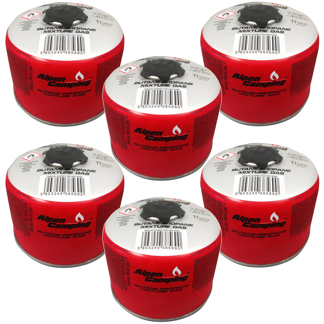 Alpen Camping Cartucho de gas 230g Certificado: Pi 0656, cumple con EN417, propano-butano, rango -10°c a + 40°c, válvula roscada 7/16" IK009, 6 uds.