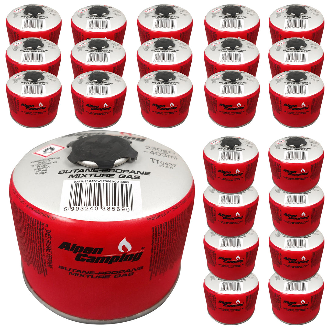 Alpen Camping Cartucho de gas 230g Certificado: Pi 0656, cumple con EN417, propano-butano, rango -10°c a + 40°c, válvula roscada 7/16" IK009, 24 piezas