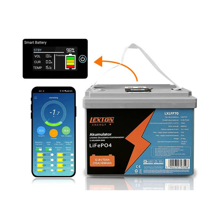 Batería de litio fosfato de hierro LiFePo4 Lexton, con BMS, 12,8 V, 70 Ah, LXLFP70