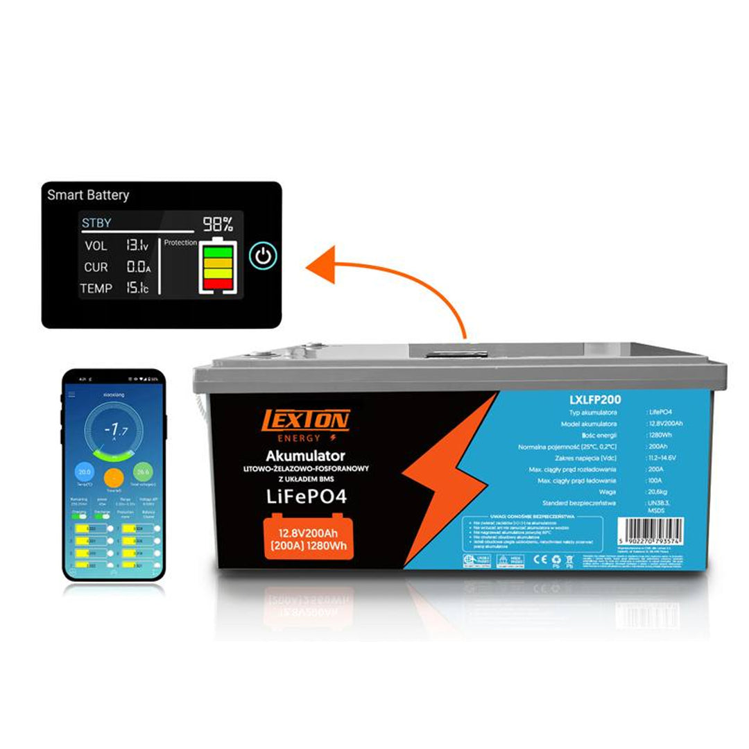 Batería LiFePo4 Lexton de litio-hierro-fosfato, con BMS, 12,8V, 200Ah, LXLFP200