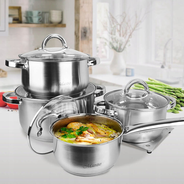 Maestro MR-2021 Juego de 3 menajes de cocina, 9 piezas 1,5L, 2L, 3L, 5L, acero inoxidable, apto para lavavajillas, apto para todo tipo de cocinas, placa de cocción