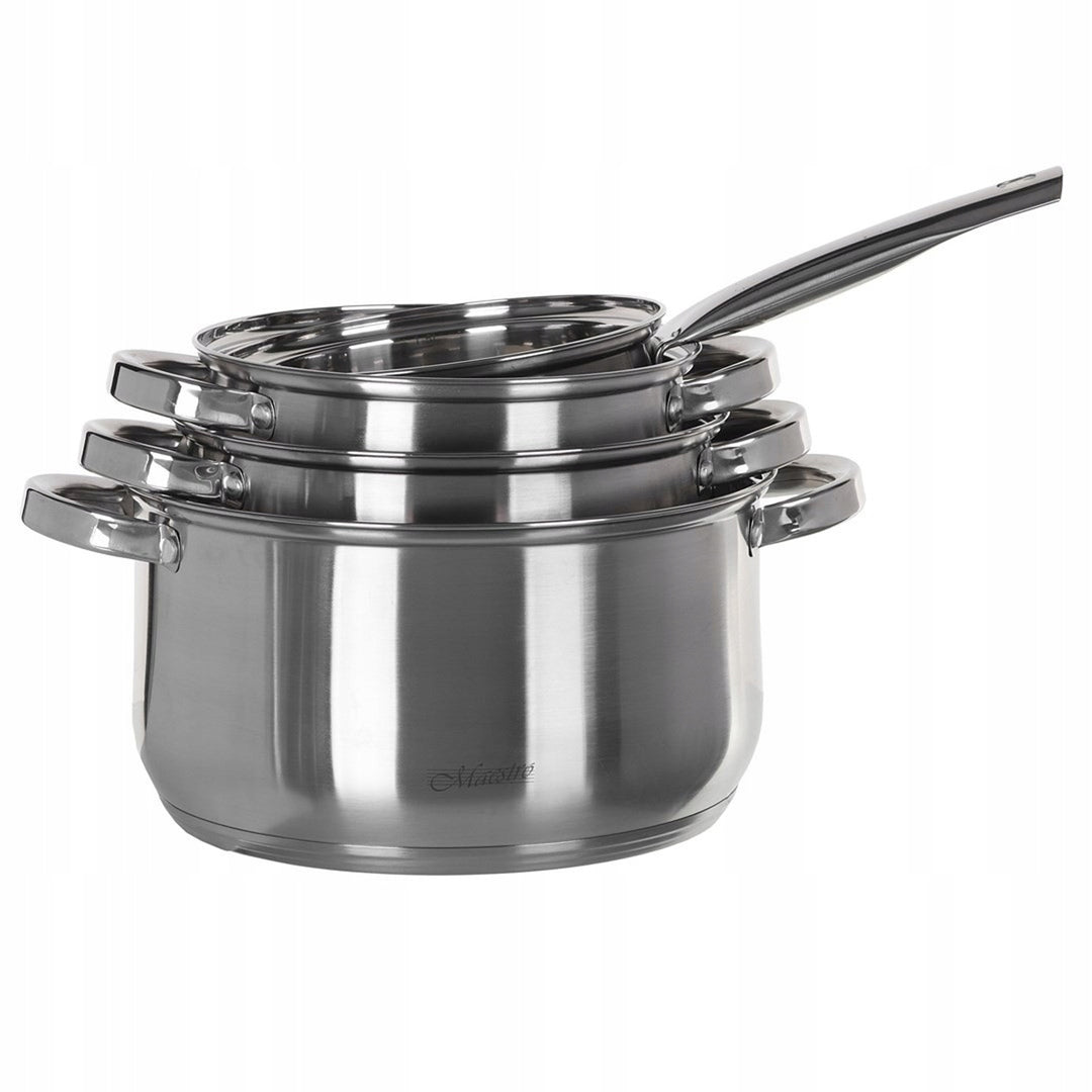 Maestro MR-2021 Juego de 3 menajes de cocina, 9 piezas 1,5L, 2L, 3L, 5L, acero inoxidable, apto para lavavajillas, apto para todo tipo de cocinas, placa de cocción