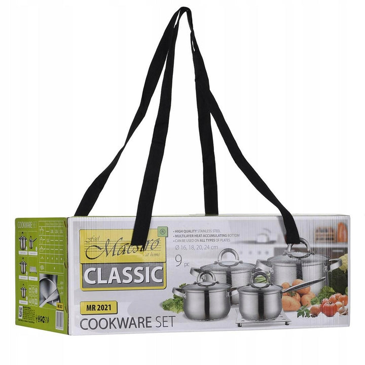 Maestro MR-2021 Juego de 3 menajes de cocina, 9 piezas 1,5L, 2L, 3L, 5L, acero inoxidable, apto para lavavajillas, apto para todo tipo de cocinas, placa de cocción