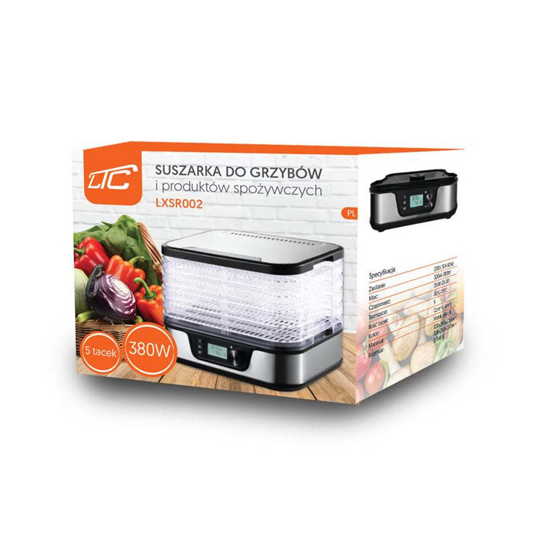 Secador para setas, verduras, frutas, carnes LTC, potencia regulable, base antideslizante, 5 bandejas, apto para lavavajillas, metal, con display, LXSR002