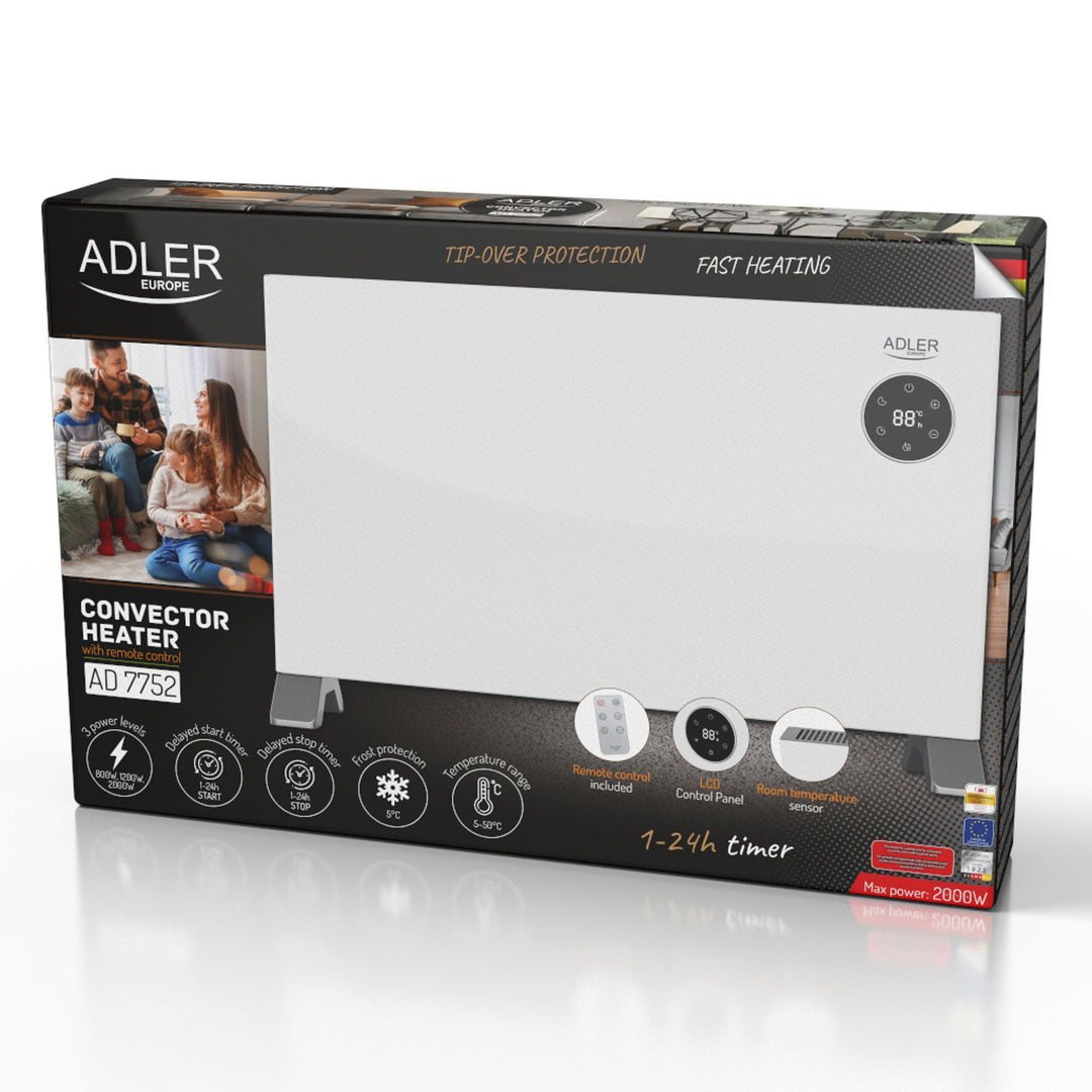 Convector Adler, pantalla LED, mando a distancia, 3 niveles de calefacción, termostato, máx. 2000W, AD 7752