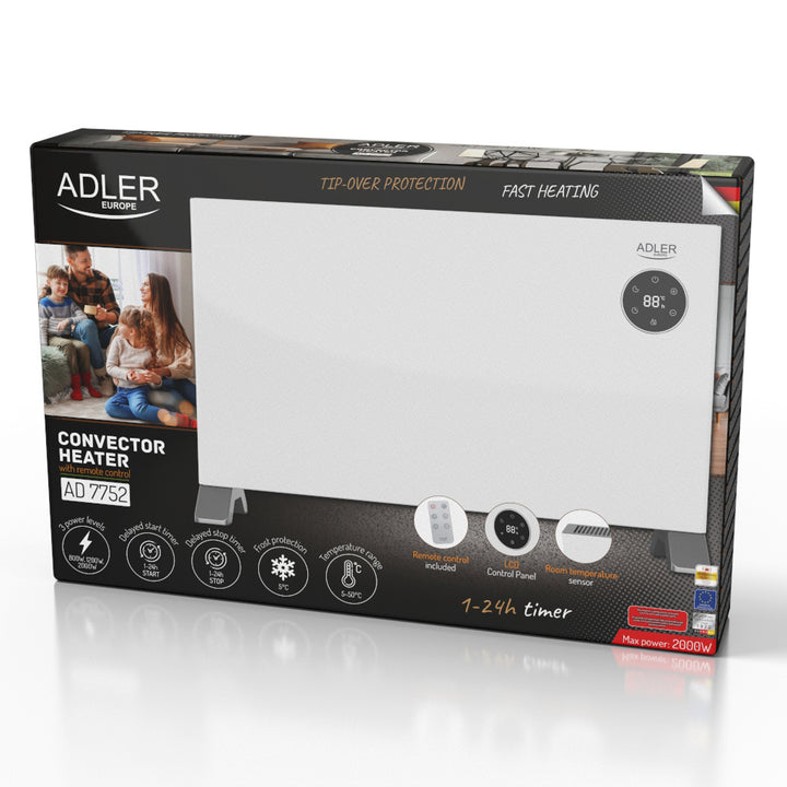 Convector Adler, pantalla LED, mando a distancia, 3 niveles de calefacción, termostato, máx. 2000W, AD 7752