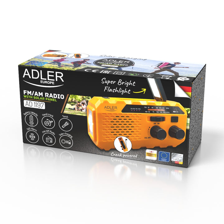 Radio solar Adler, batería recargable de 1200 mAh, linterna, manivela, AD 1197