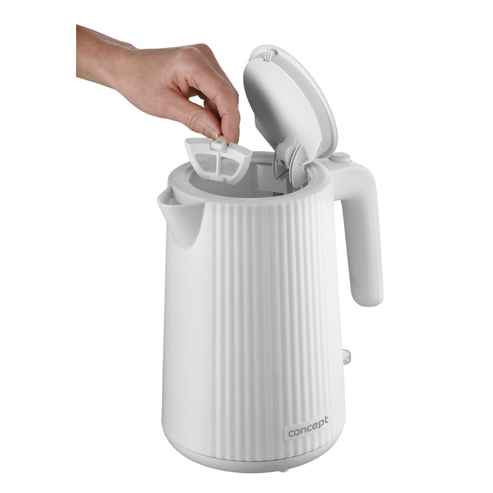 Concept hervidor eléctrico de plástico, 1,7L, diseño estriado, triple sistema de seguridad, filtro de sedimentos, indicador de nivel de agua, blanco, RK2390