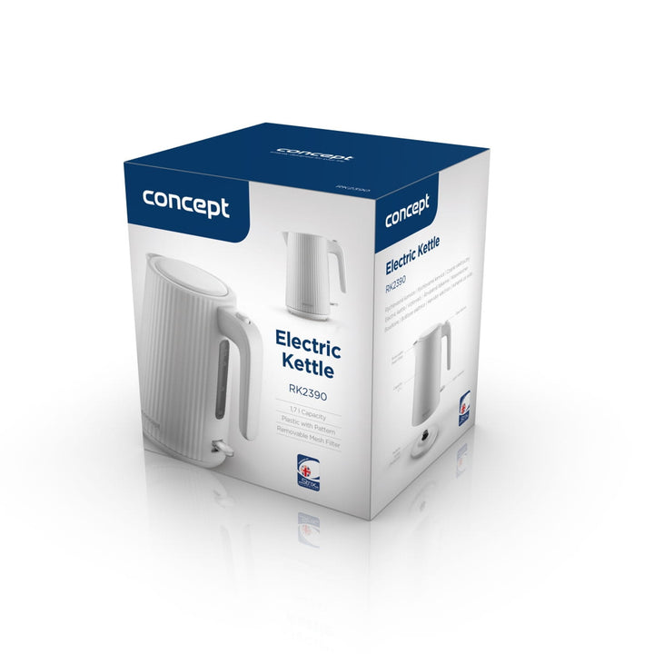 Concept hervidor eléctrico de plástico, 1,7L, diseño estriado, triple sistema de seguridad, filtro de sedimentos, indicador de nivel de agua, blanco, RK2390
