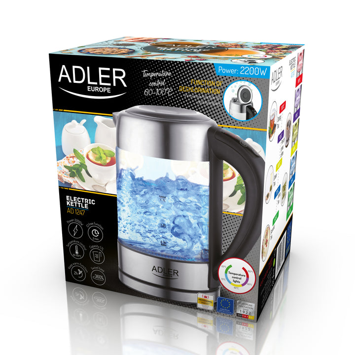 Hervidor de vidrio retroiluminado 1.7L con control de temperatura Adler AD 1247 NUEVO