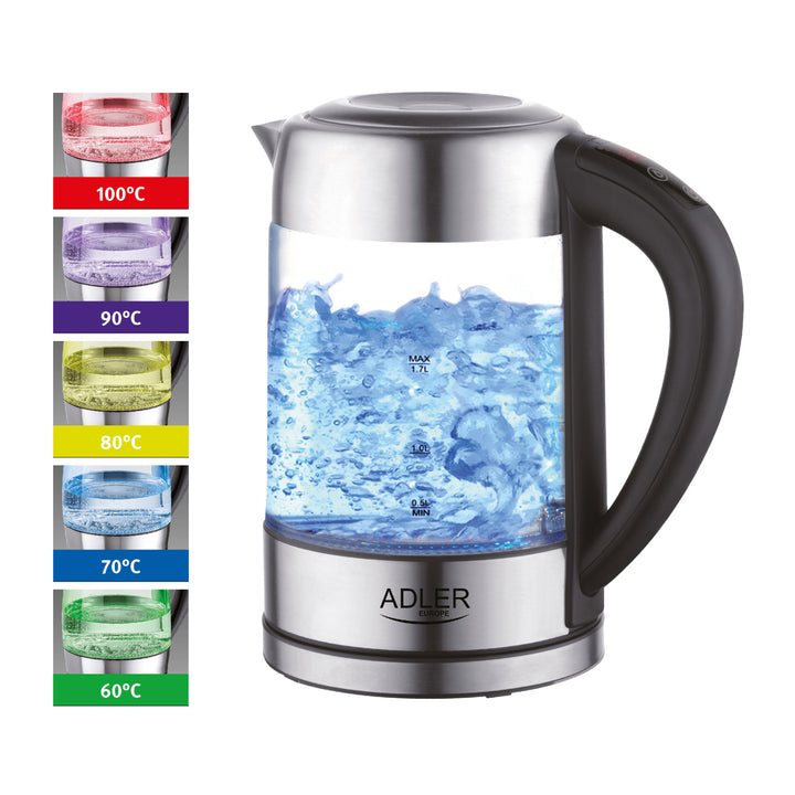Hervidor de vidrio retroiluminado 1.7L con control de temperatura Adler AD 1247 NUEVO