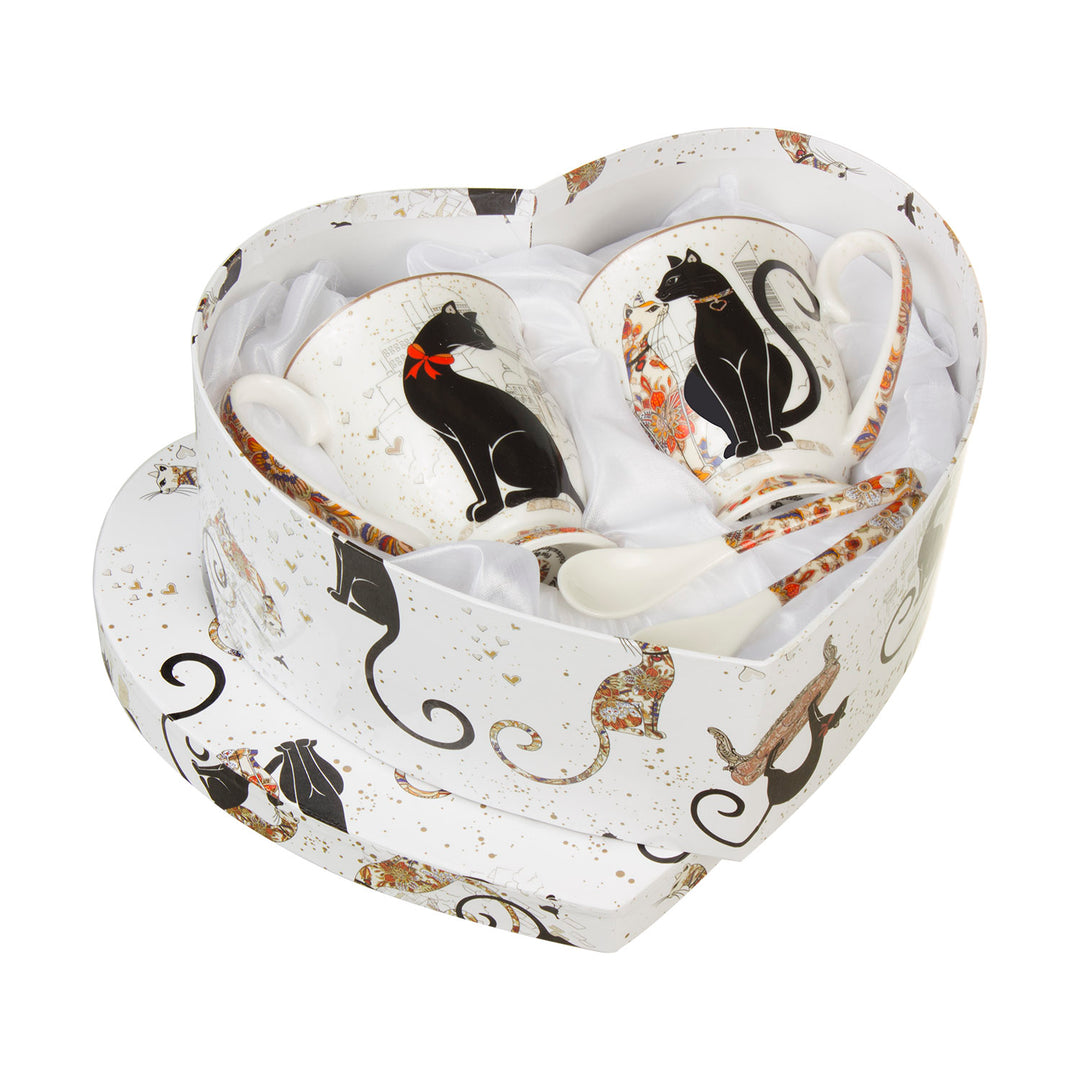 Taza de Café con Cuchara para Dos Personas, Caja Decorativa, Tazas de Porcelana (2 tazas 300 ml, Cat Collection) Queen Isabell