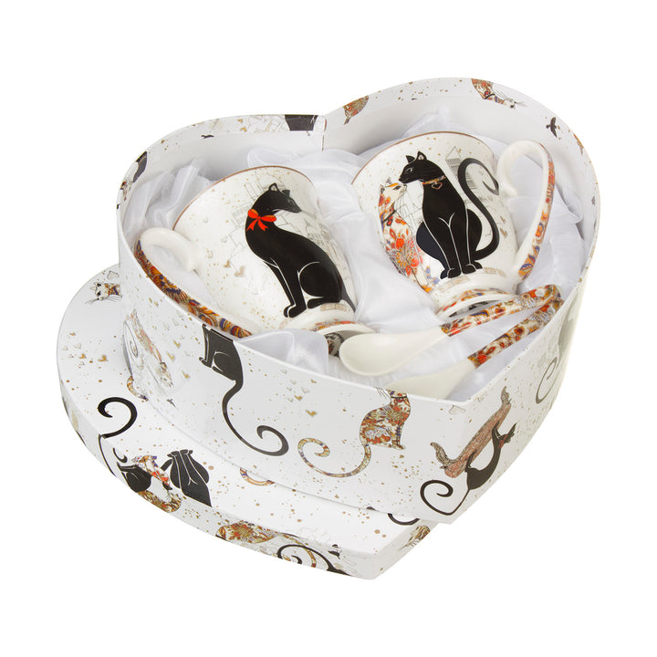 Taza de Café con Cuchara para Dos Personas, Caja Decorativa, Tazas de Porcelana (2 tazas 300 ml, Cat Collection) Queen Isabell