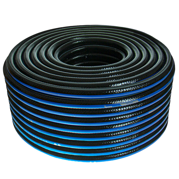 Manguera de agua de 4 capas Manguera de riego de jardín Manguera flexible de poliéster trenzado cruzado resistente a los rayos UV 25 Bar 1/2" 50m