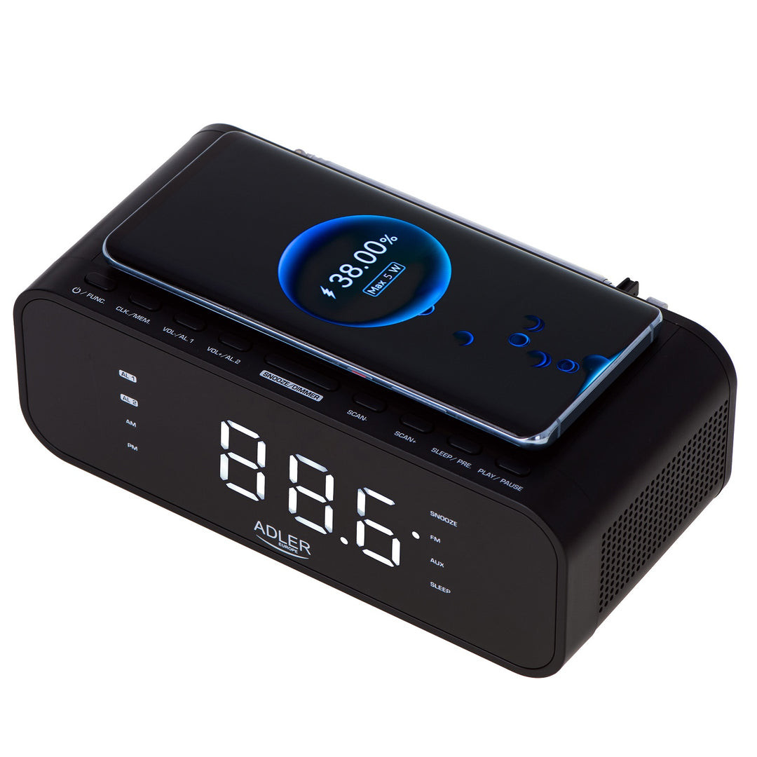 Rádio-despertador FM Adler AD 1192B com carregador sem fios e Bluetooth